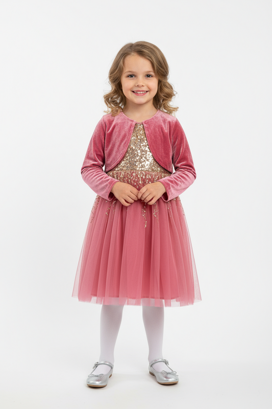 Vestido gala eventos rosado c/ chaleco lentejuela