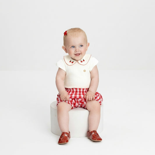 Set conjunto camisa mameluco blanco short cuadros rojo bebe niña Up Baby 46954-000106 español