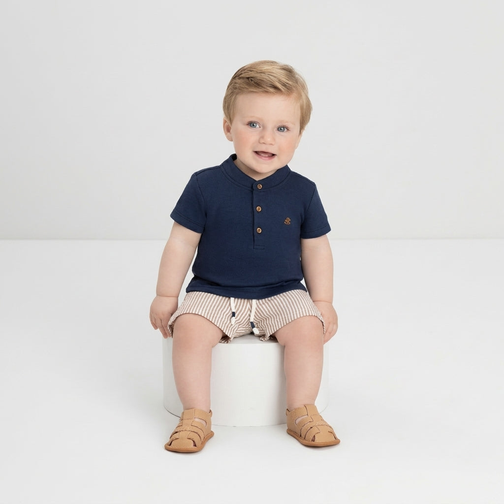 Set conjunto camisa azul henley short rayas beige bebe niño Up Baby 46977-193921