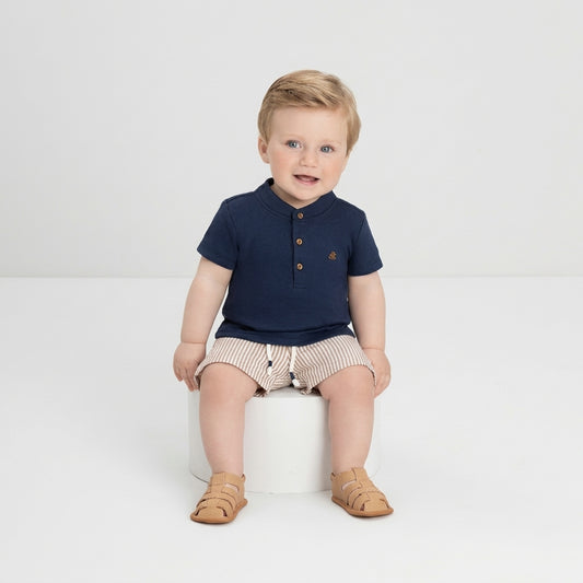 Set conjunto camisa azul henley short rayas beige bebe niño Up Baby 46977-193921