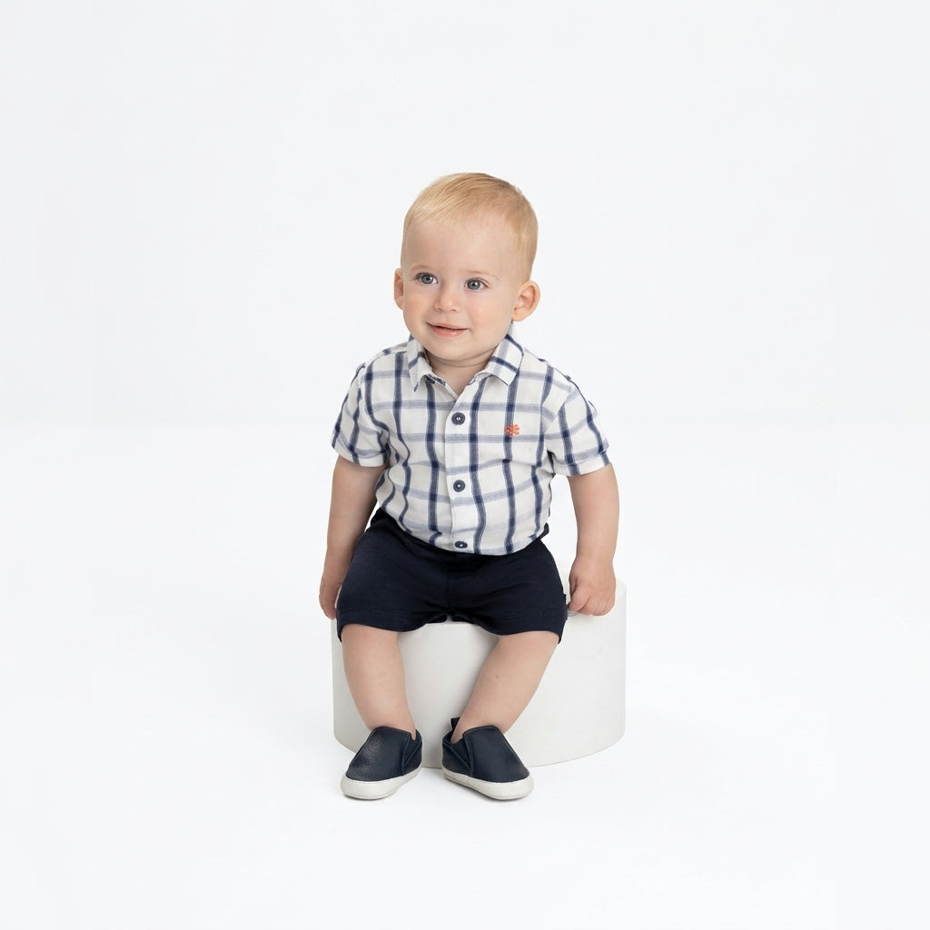 Set conjunto camisa rayas cuadros mameluco blanco short azul Up Baby 46974-193921