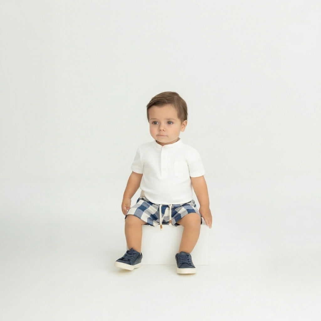 Set conjunto  camisa blanca henley short azul cuadros bebe niño Up Baby 47175-000106