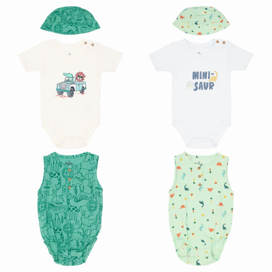 Set 3 piezas mameluco beige verde gorro verde bebe niño Tinytots HOFHB01