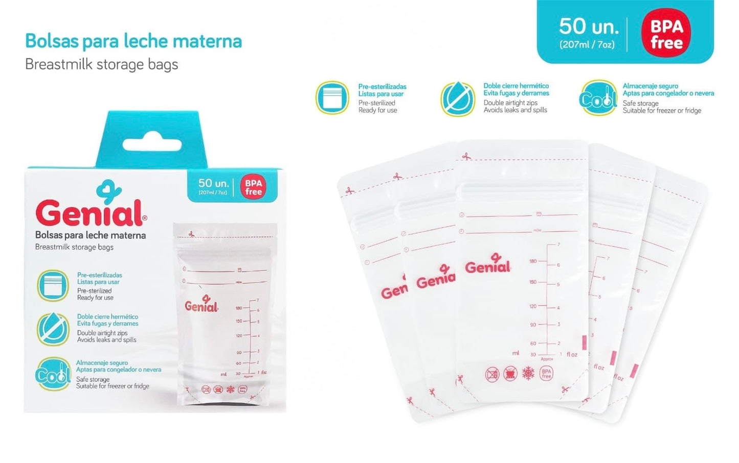 Bolsa de almacenamiento leche materna Genial 50 uds 207ml/7onz bebe niña niño lactancia