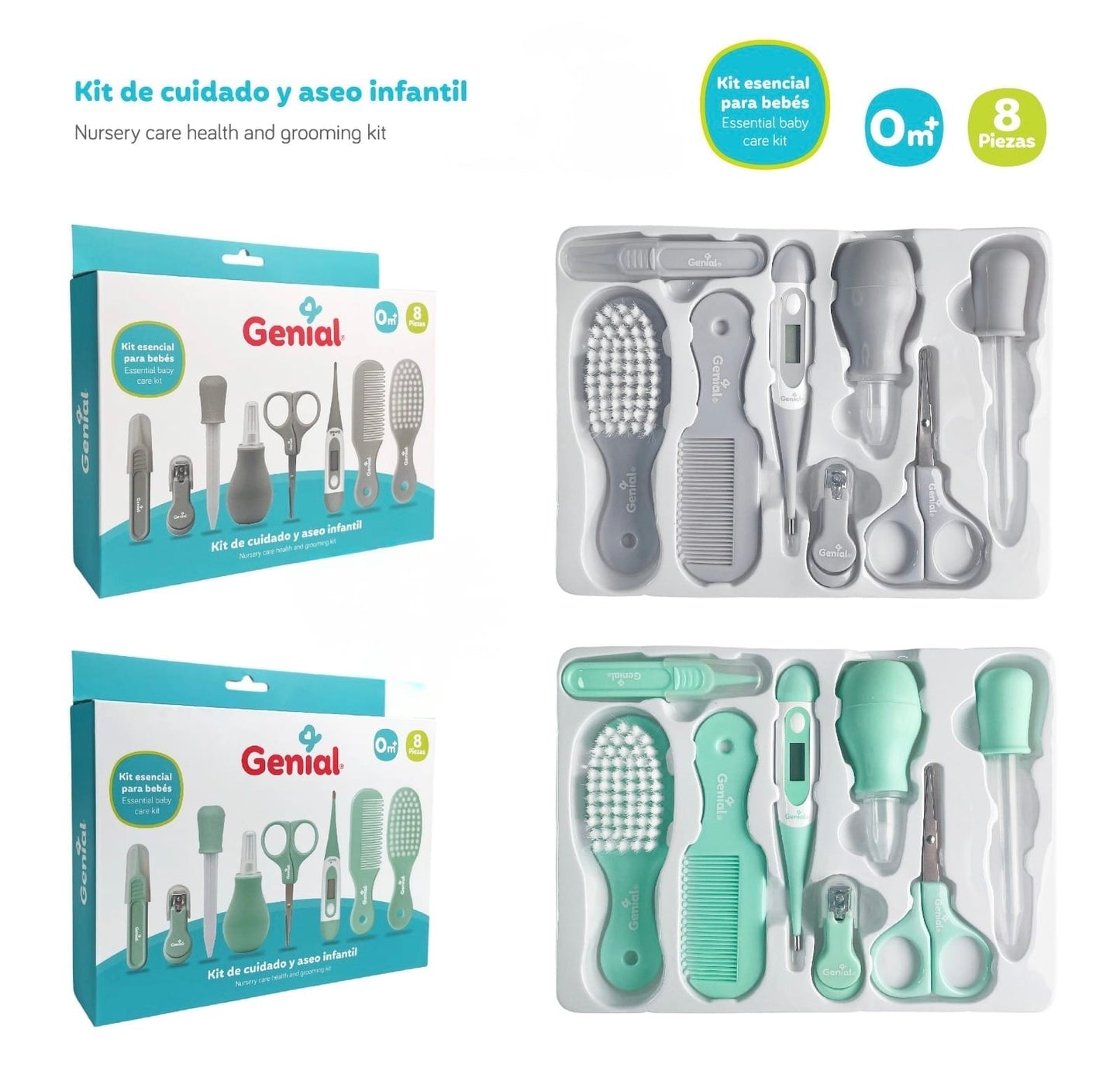 Kit de cuidado y aseo infantil Genial bebe niña niño Verde NB 0m+ 8 piezas