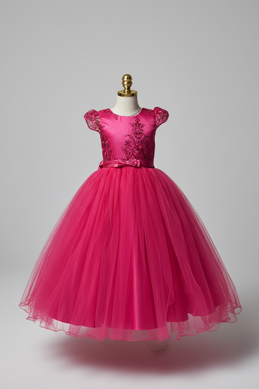 Vestido rosado fucsia evento gala con manga Princesa Royal