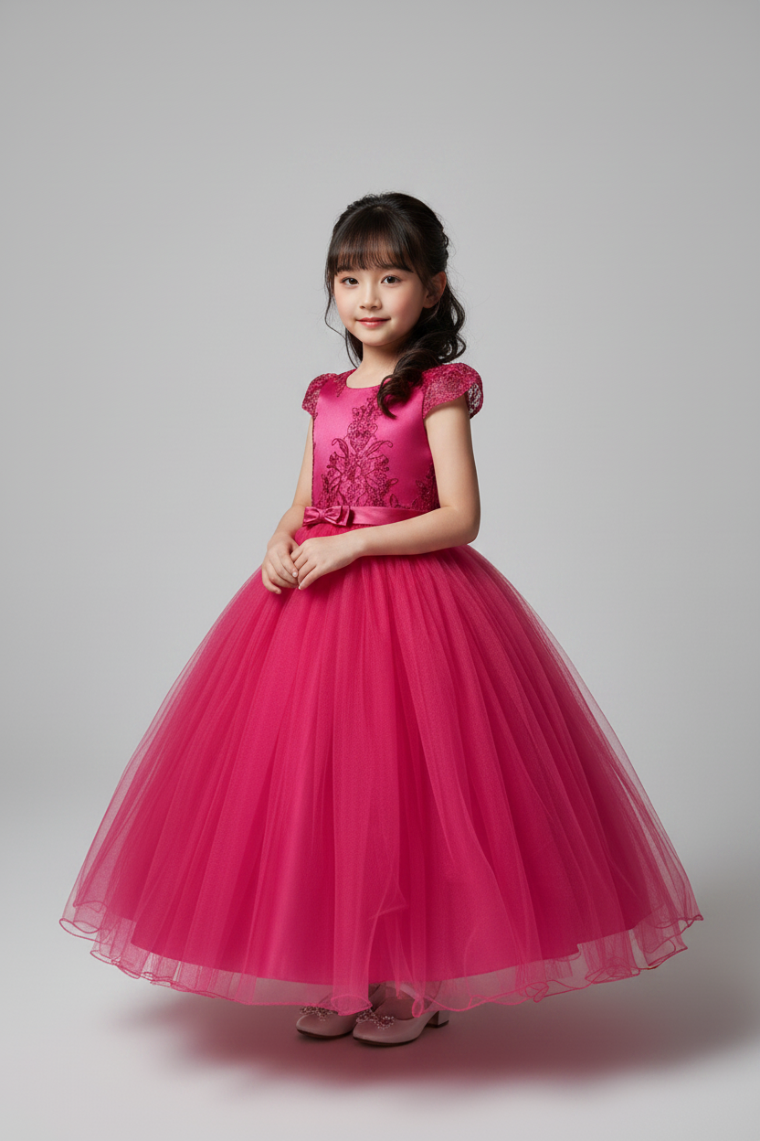 Vestido rosado fucsia evento gala con manga Princesa Royal