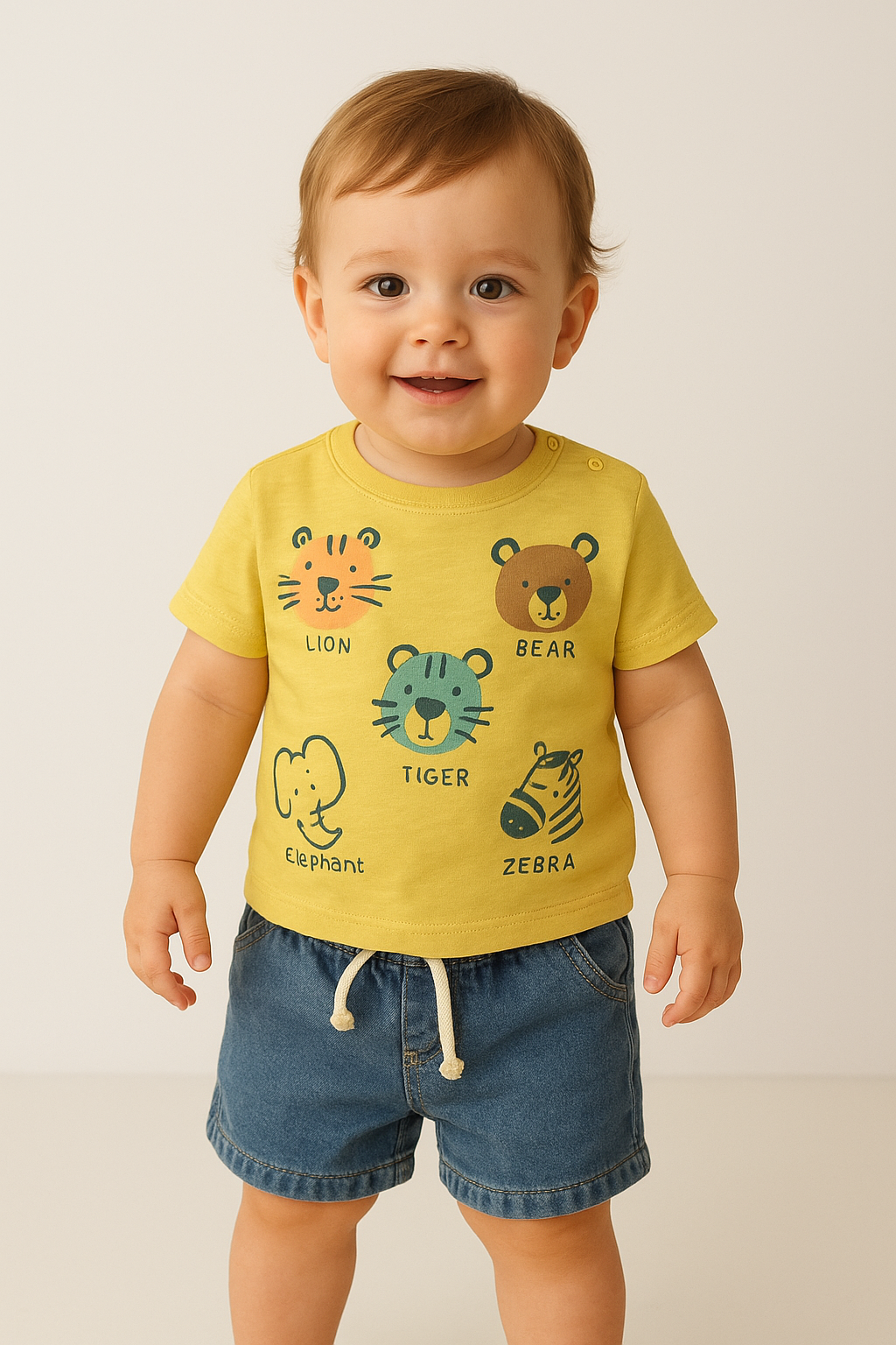 Set conjunto 2 piezas camisa amarilla animales short azul bebe niño Tinytots 3357