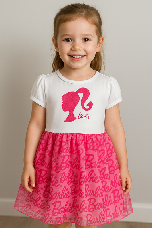 Vestido blanco rosado fucsia niña Barbie Disney BA-89964