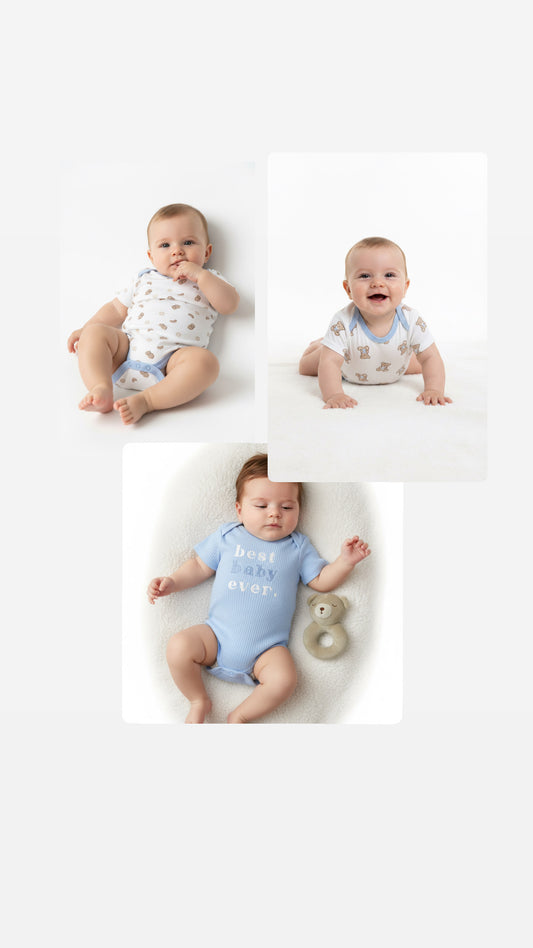 Set 3 mamelucos bebe niño oso peluche apego blanco azul Tinytots DA349-BL