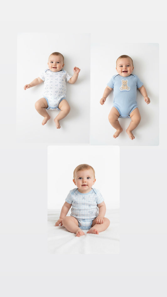 Set 3 mamelucos bebe niño oso peluche apego blanco azul Tinytots DA347-BL