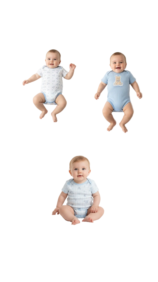 Set 3 mamelucos bebe niño oso peluche apego blanco azul Tinytots DA347-BL