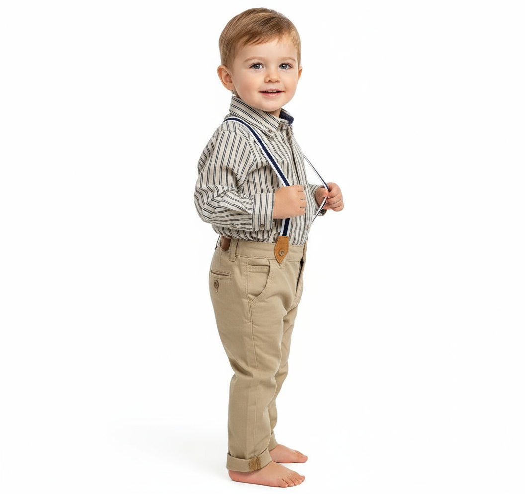 Set conjunto formal pantalon tirantes  beige camisa beige niño polo HPC82593