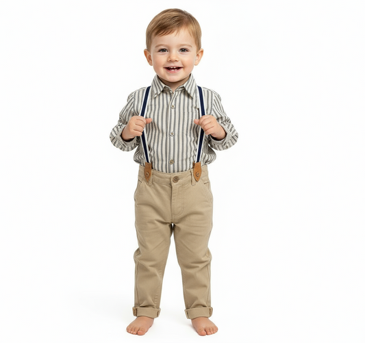 Set conjunto formal pantalon tirantes  beige camisa beige niño polo HPC82593