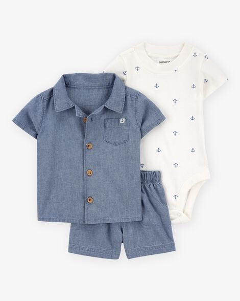 Set 3 piezas camisa azul short azul mameluco bebe niño Carters 1S452310