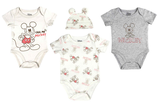 Set 4 piezas mameluco gris beige gorro bebe niño mickey disney D9-MI-1252B