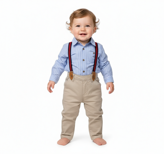 Set conjunto formal pantalon tirantes beige camisa azul cielo bebe niño polo HPC82591