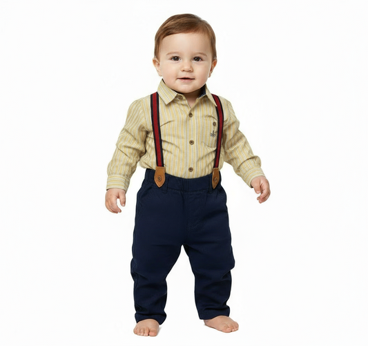 Set conjunto formal pantalon tirantes azul oscuro camisa beige bebe niño polo HPC82591