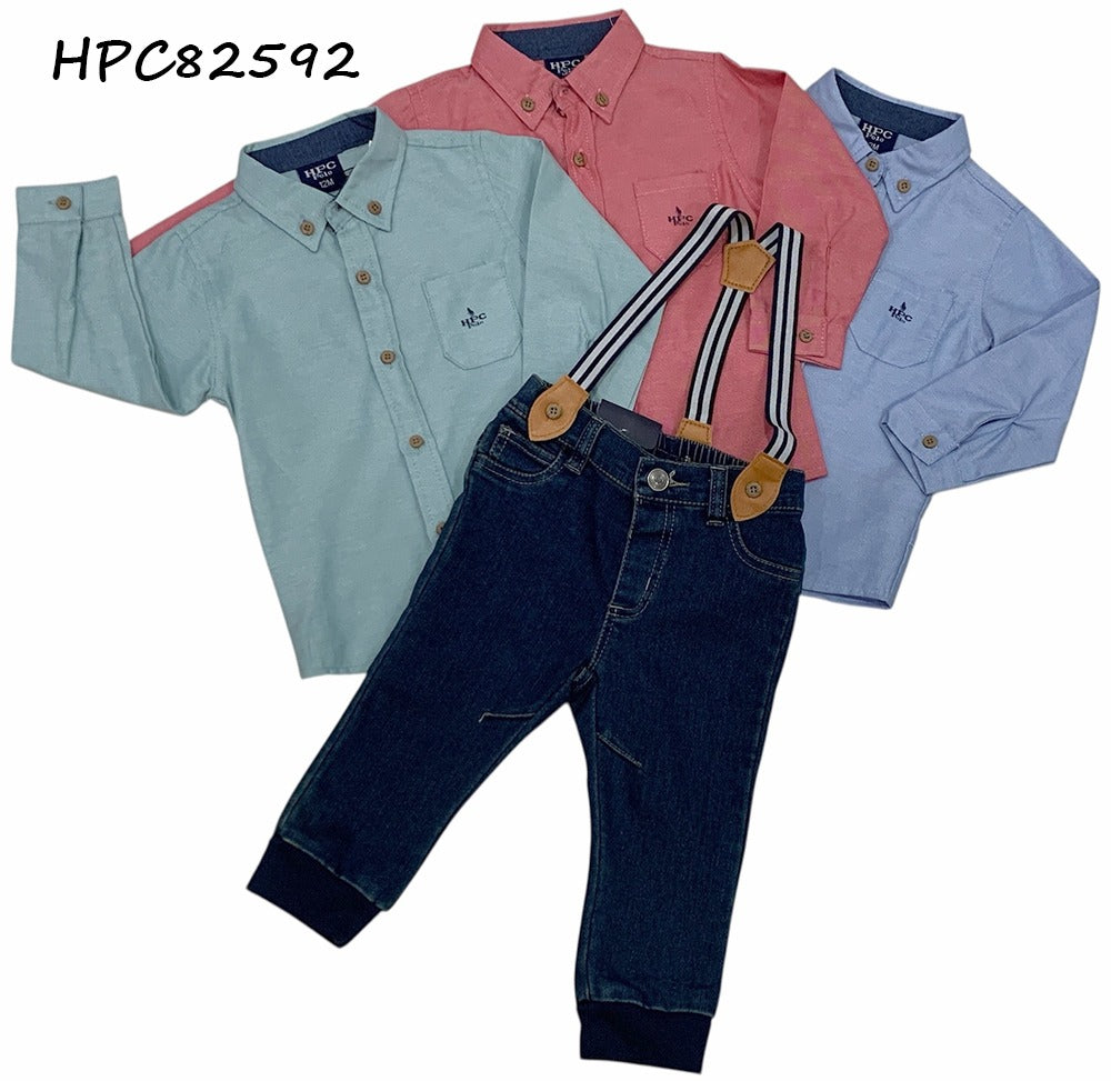 Set conjunto formal pantalon azul tirantes camisa roja rosada bebe niño HPC82592