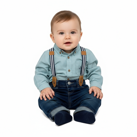 Set conjunto pantalon azul tirantes camisa verde bebe niño formal HPC82592