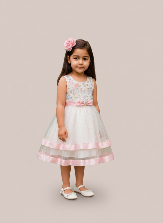 Vestido blanco rosado gala eventos niña 86622