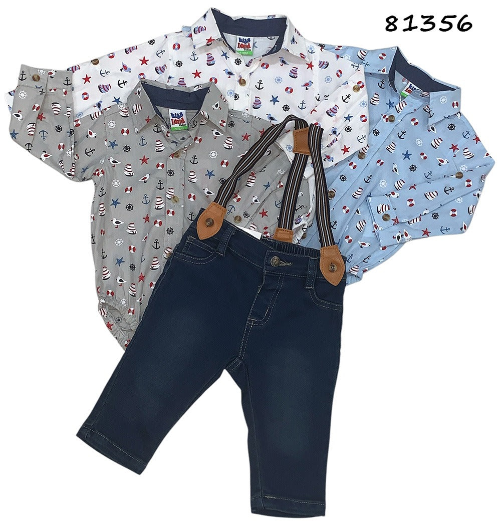 Set conjunto formal pantalon azul tirantes camisa gris bebe niño 81356
