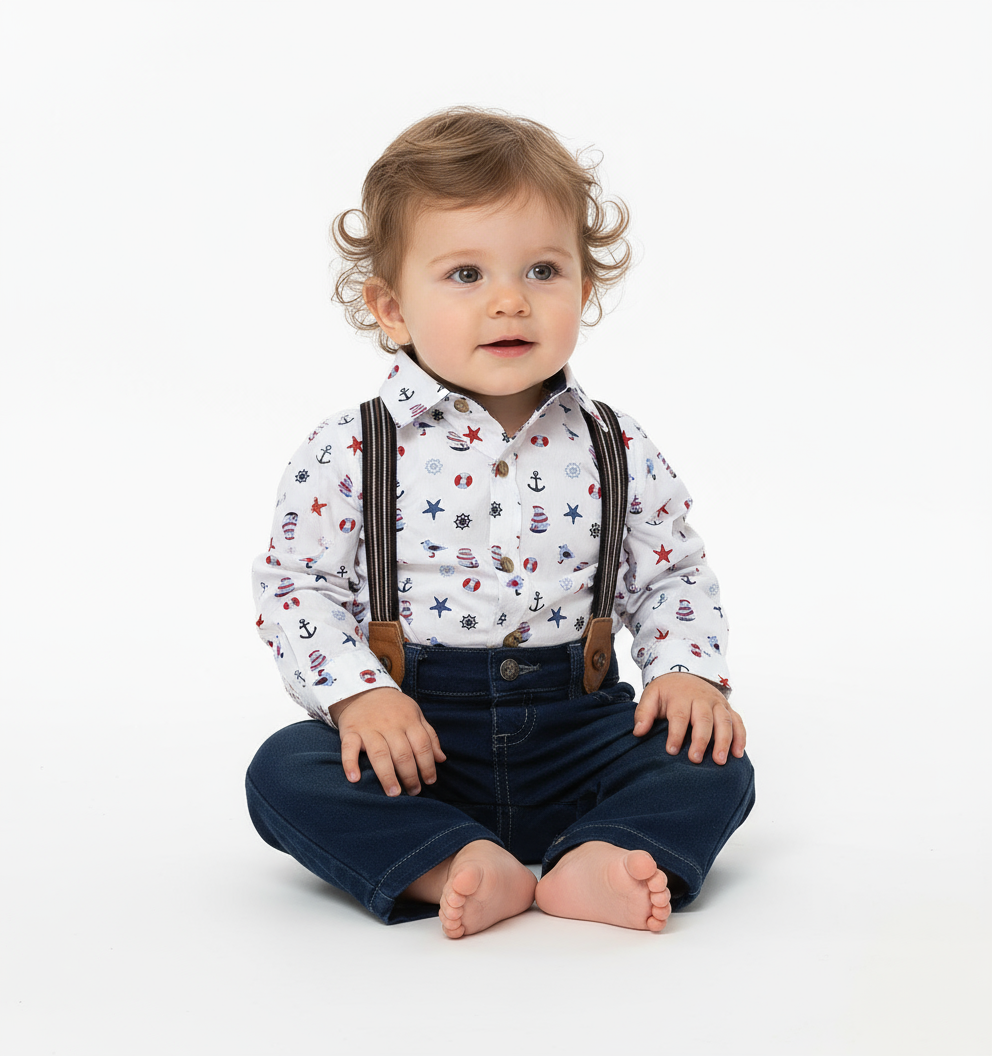 Set conjunto formal pantalon azul tirantes camisa gris bebe niño 81356