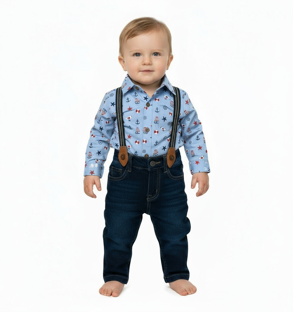 Set conjunto formal pantalon azul tirantes camisa gris bebe niño 81356