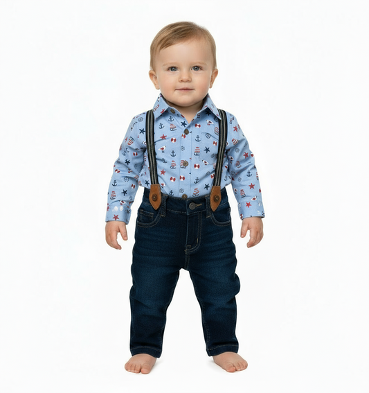 Set conjunto formal pantalon azul tirantes  camisa azul cielo bebe niño 81356