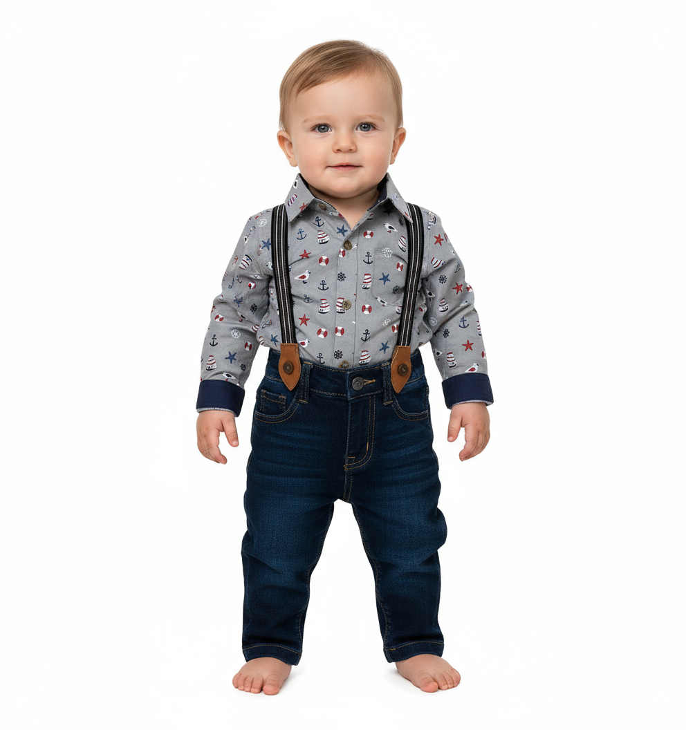 Set conjunto formal pantalon azul tirantes camisa gris bebe niño 81356