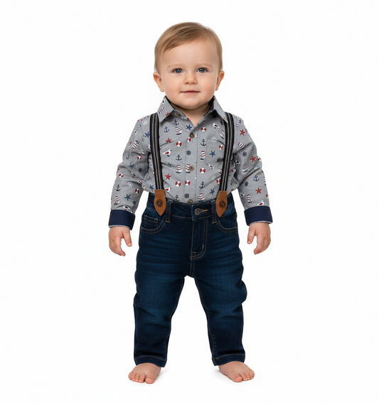Set conjunto formal pantalon azul tirantes camisa gris bebe niño 81356