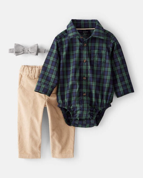 Set 3 piezas bebe niño camisa mameluco verde pantalon beige Carters