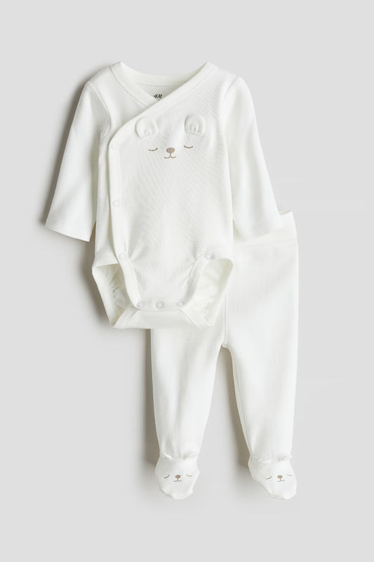 Set conjunto 2 piezas mameluco pantalon blanco bebe niño niña osito H&M 1195525014