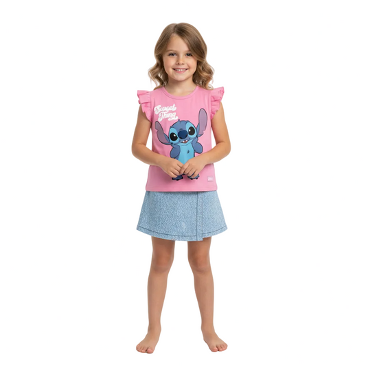Set conjunto 2 piezas camisa rosada falda azul niña Stitch D9-STI-129D 690/490