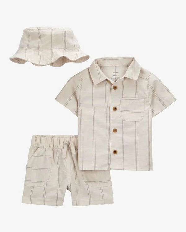 Set 3 piezas gorro camisa short beige bebe niño Oshkosh 1S927010