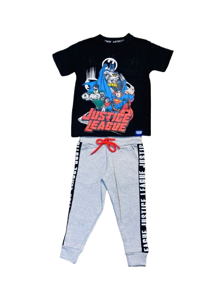 Set conjunto 2 piezas liga de la justicia buzo gris y camisa negra niño