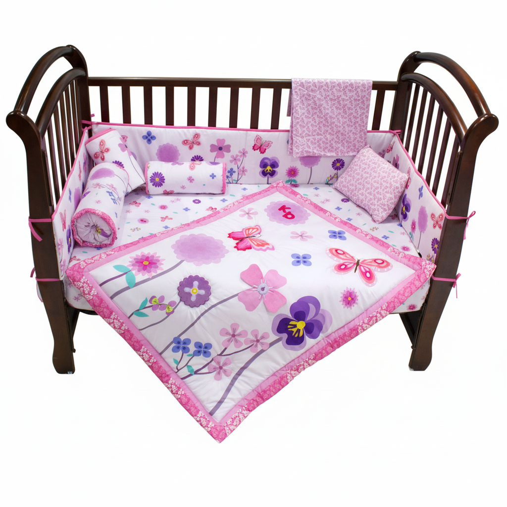 Set sabanas cuna 5 piezas almohada bebe niña flores rosada bebe