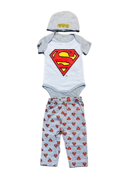 Set 3 piezas mameluco bebe niño superman gris
