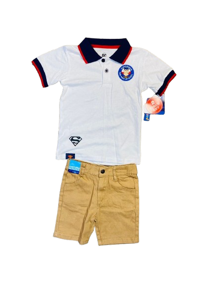 Set 2 piezas camisa blanca short beige superman Niño C9 SM 1072N