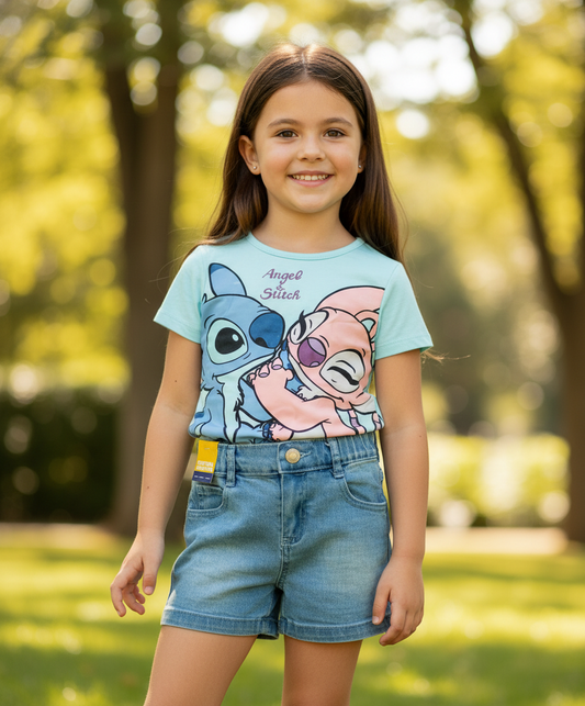 Set Conjunto short jean para niña celeste Stitch D9-STI-106D