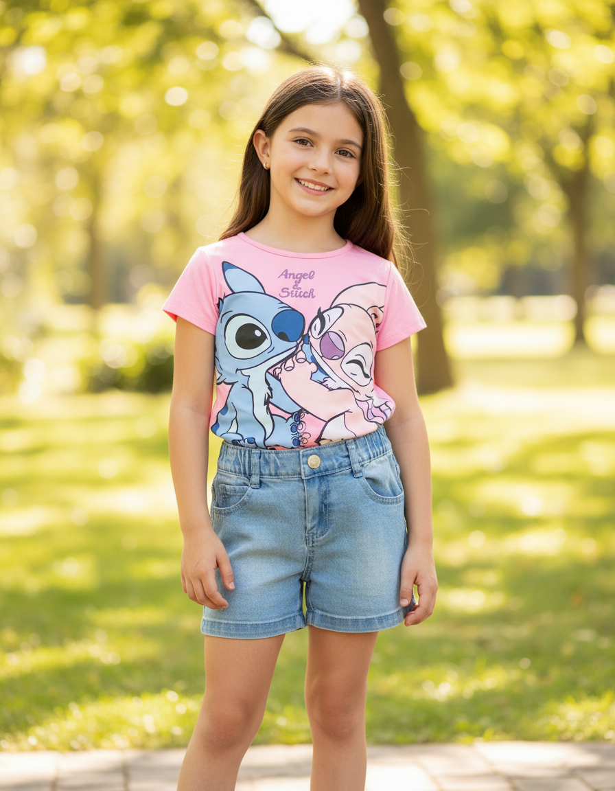 Set Conjunto short jean para niña rosado Stitch D9-STI-106D