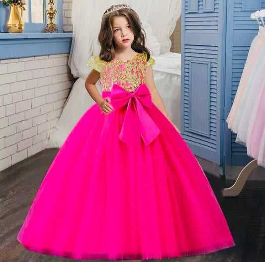 Vestido rosado fucsia dorado evento gala niña
