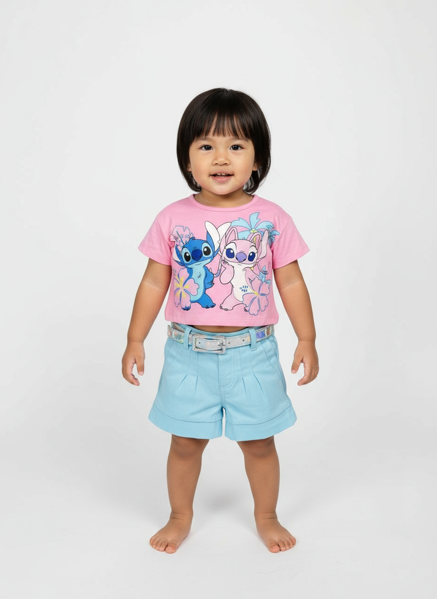 Set conjunto camisa rosada short azul celeste niña Stitch D9-STI-166B