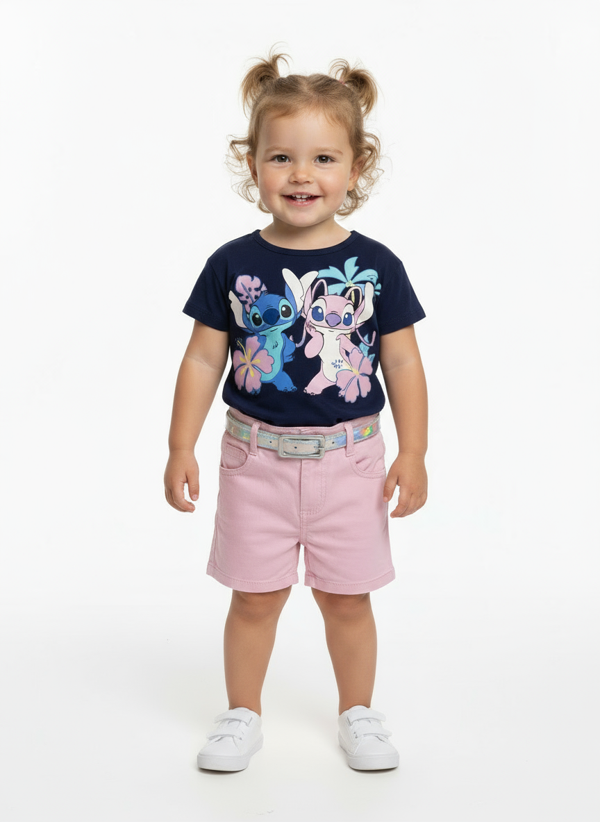 Set conjunto camisa azul oscuro short rosado niña Stitch D9-STI-166B