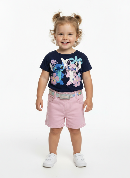 Set conjunto camisa azul oscuro short rosado niña Stitch D9-STI-166B
