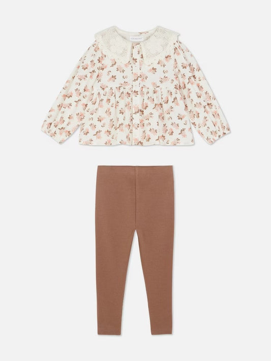 Set conjunto 2 piezas camisa floreada leggins café niña Primark