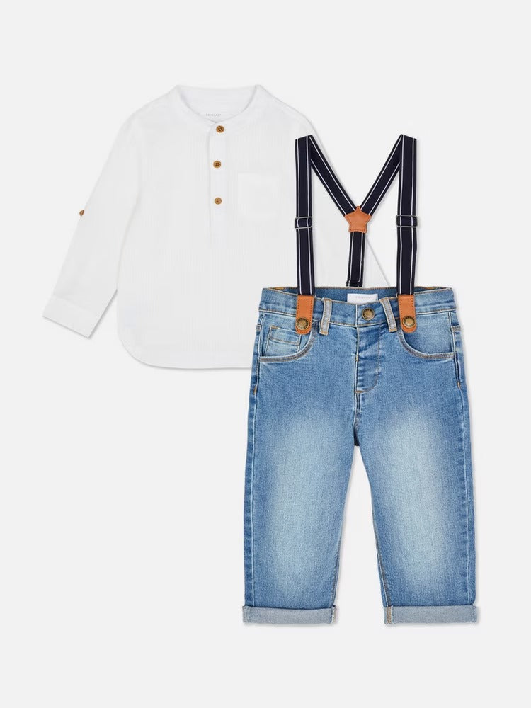 Set conjunto 2 piezas bebe niño formal camisa blanca pantalon azul Primark