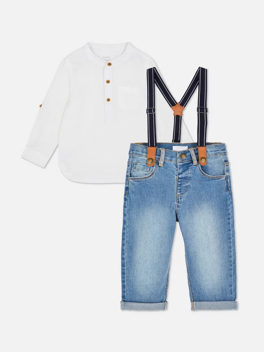Set conjunto 2 piezas bebe niño formal camisa blanca pantalon azul Primark