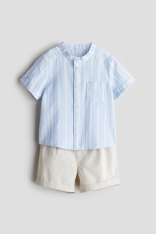 Set conjunto 2 piezas camisa azul short beige bebe niño H&M 1278019