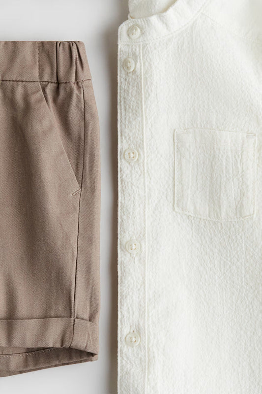 Set conjunto 2 piezas camisa beige short cafe bebe niño H&M 1278019
